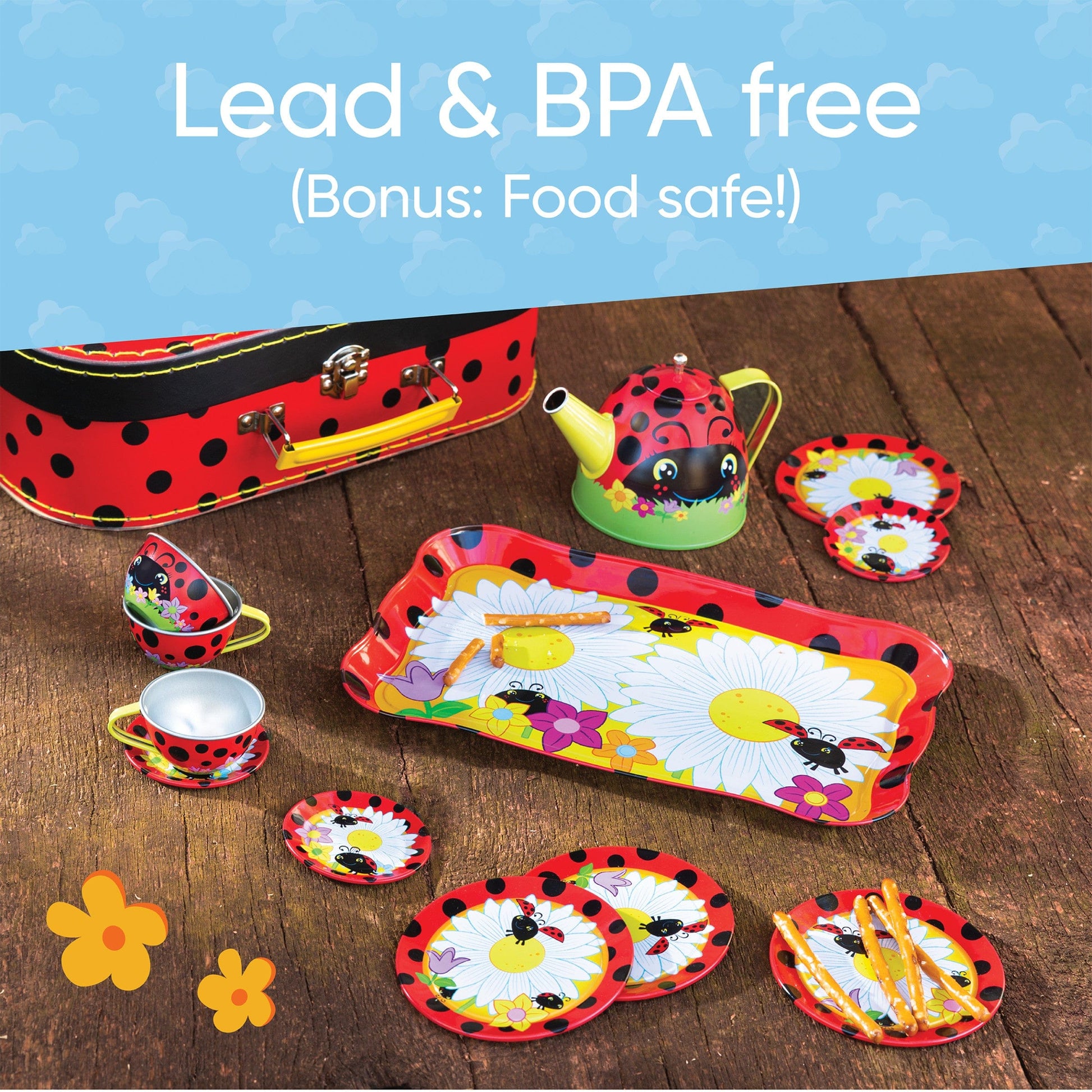 15-Piece Ladybug-Themed Tin Tea Set