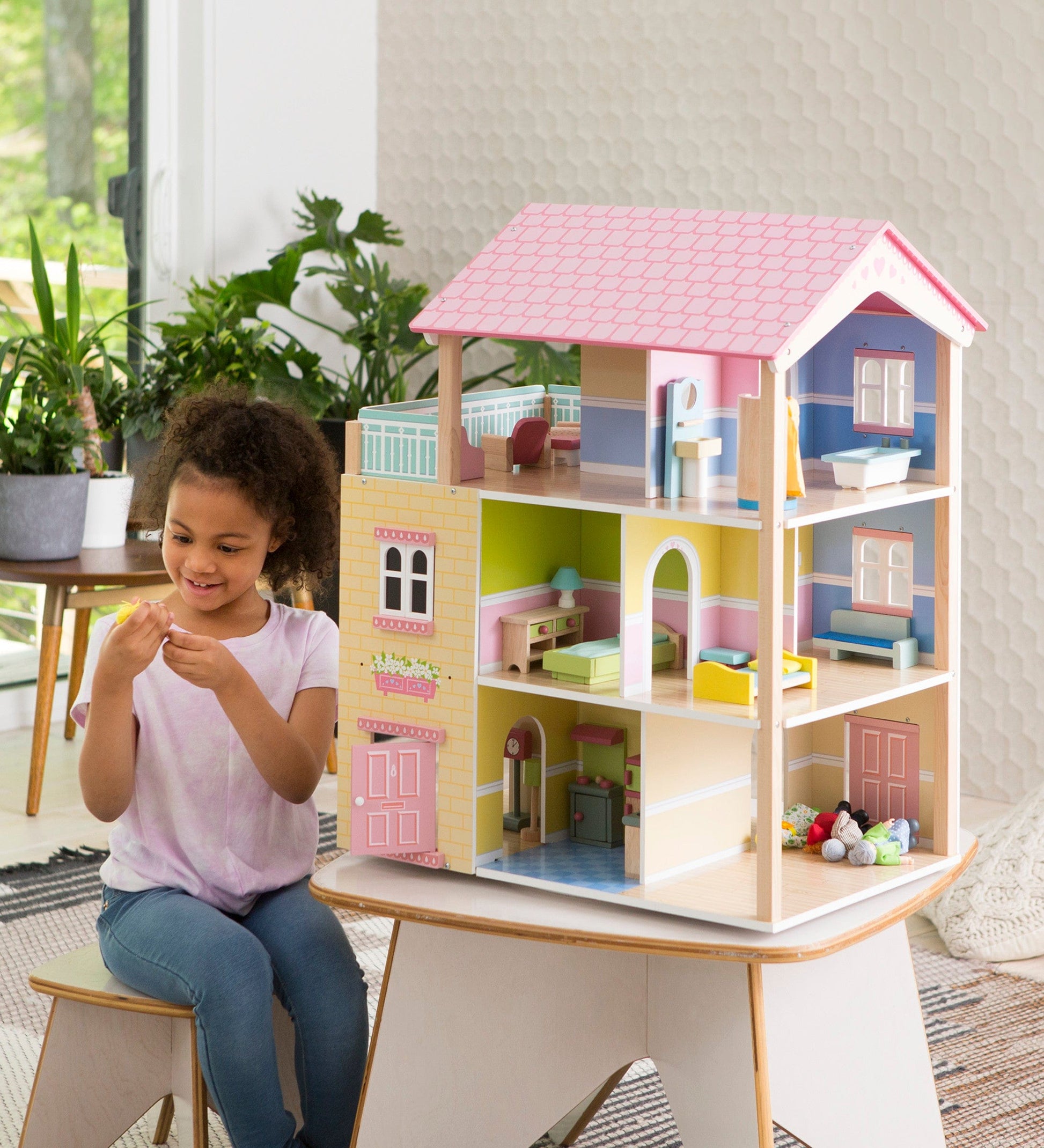 Wooden Dollhouse with Turntable and 35-Piece Furniture Set