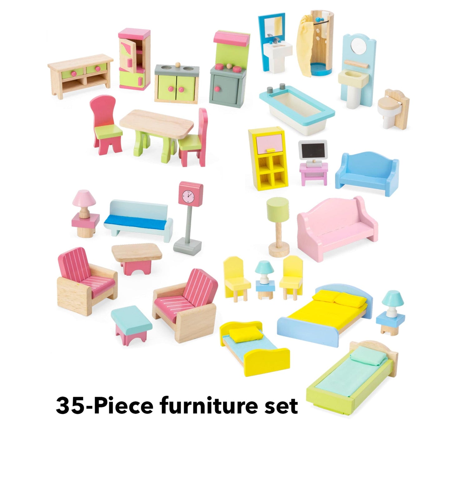 Wooden Dollhouse with Turntable and 35-Piece Furniture Set