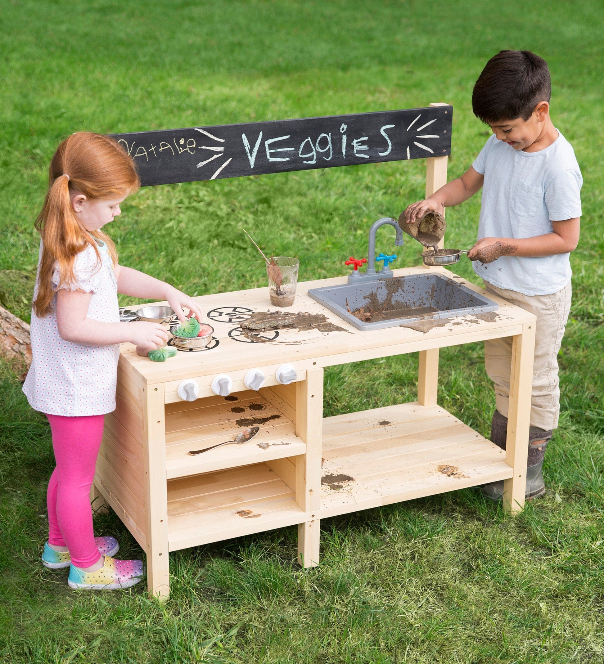 Wooden Mud Kitchen Sensory Play Station with Metal Accessories