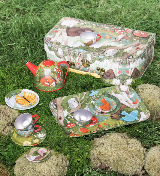 15-Piece Woodland-Themed Tin Tea Set
