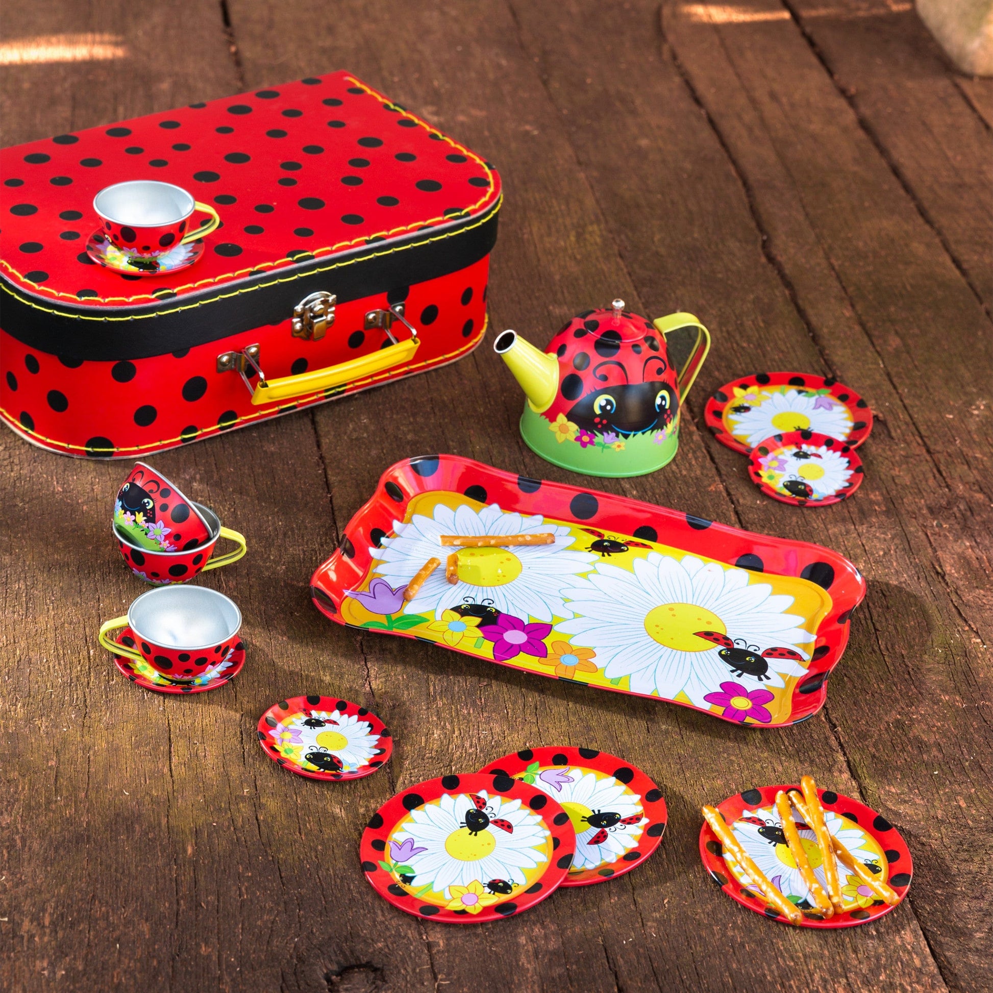 15-Piece Ladybug-Themed Tin Tea Set