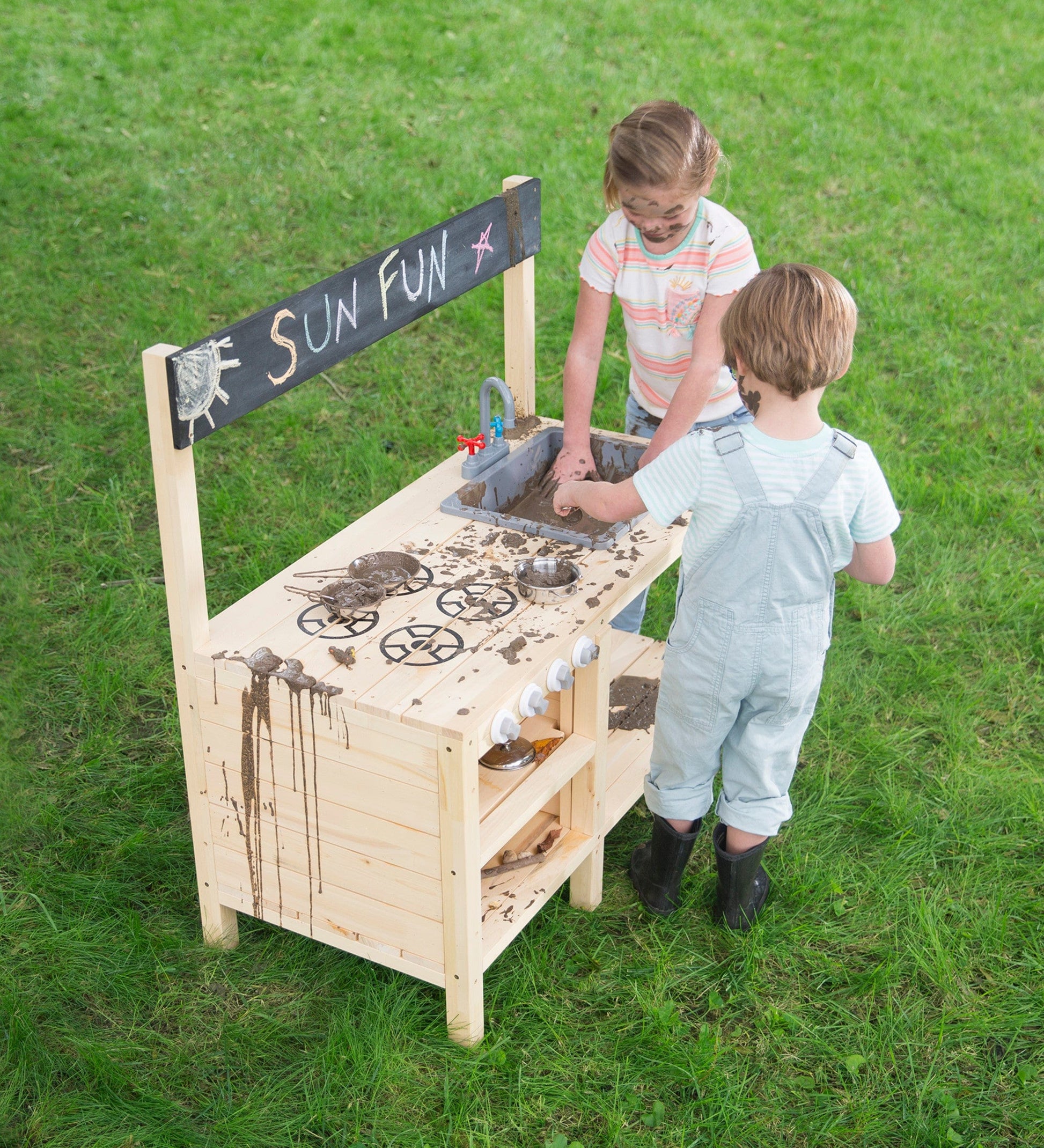 Wooden Mud Kitchen Sensory Play Station with Metal Accessories