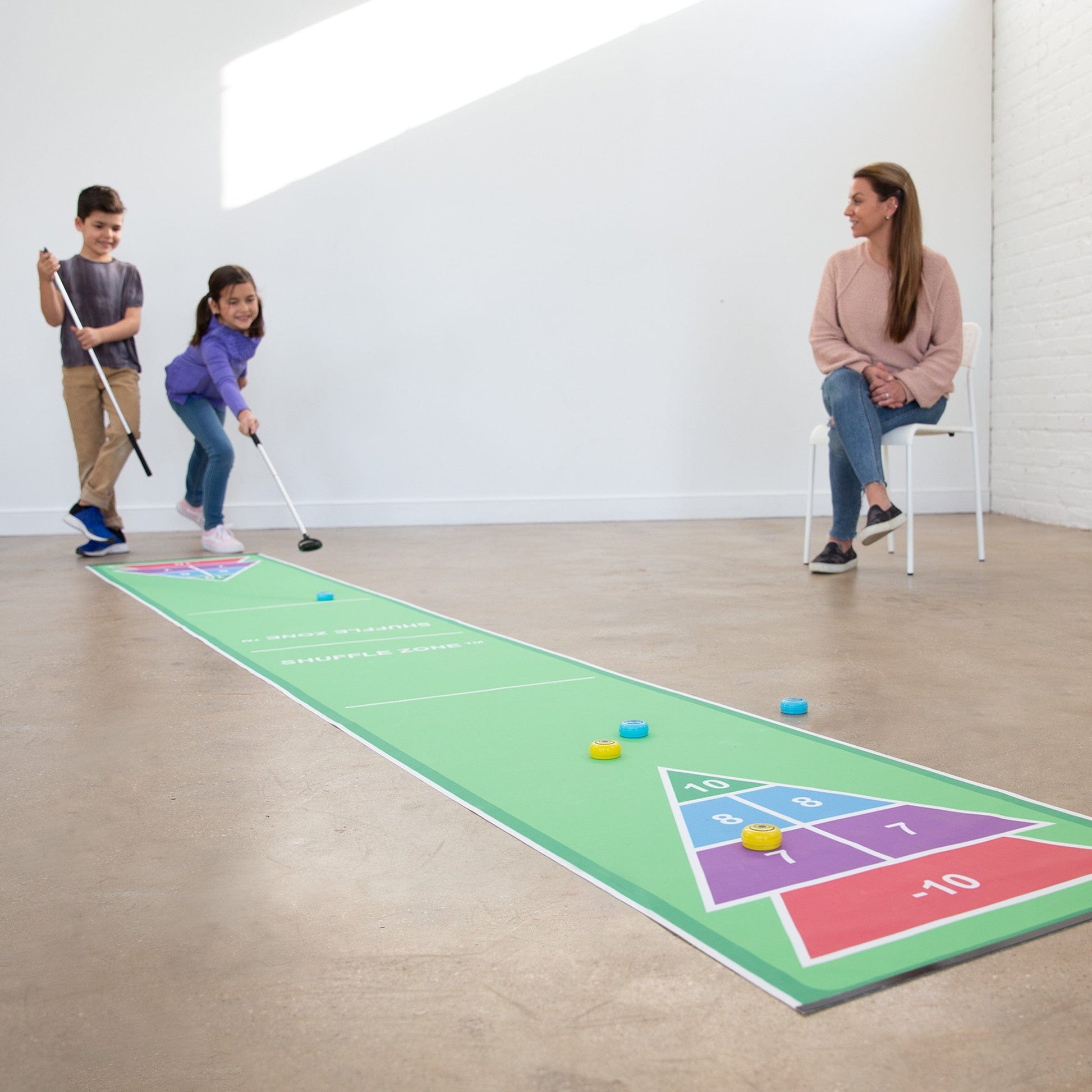 Shuffle Zone Shuffleboard Family Game with Oxford Mat and Rolling Pucks