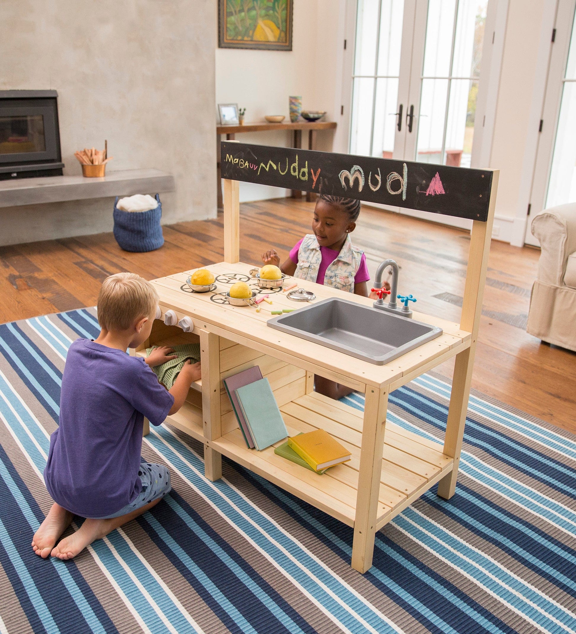 Wooden Mud Kitchen Sensory Play Station with Metal Accessories