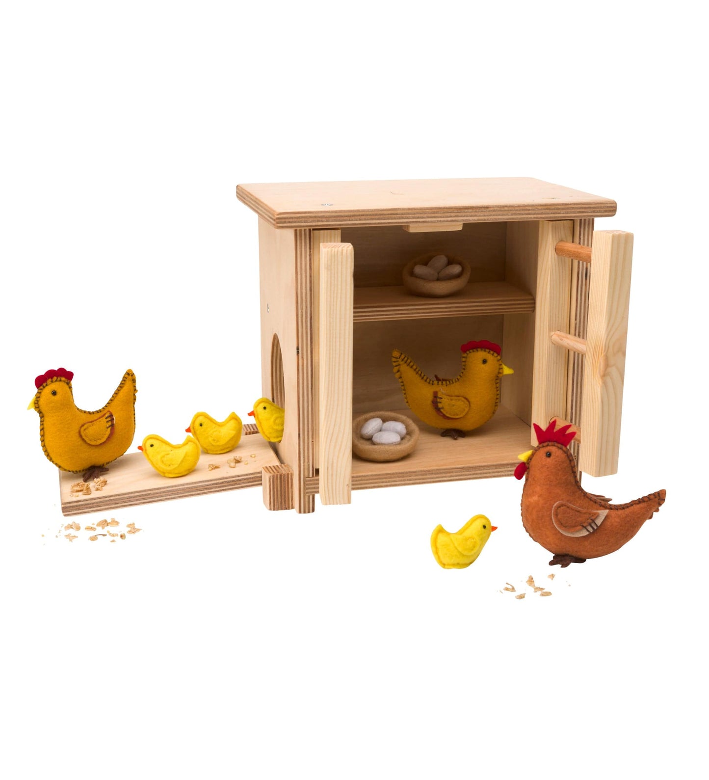 Wooden Chicken Coop and Felt Chickens Play Set