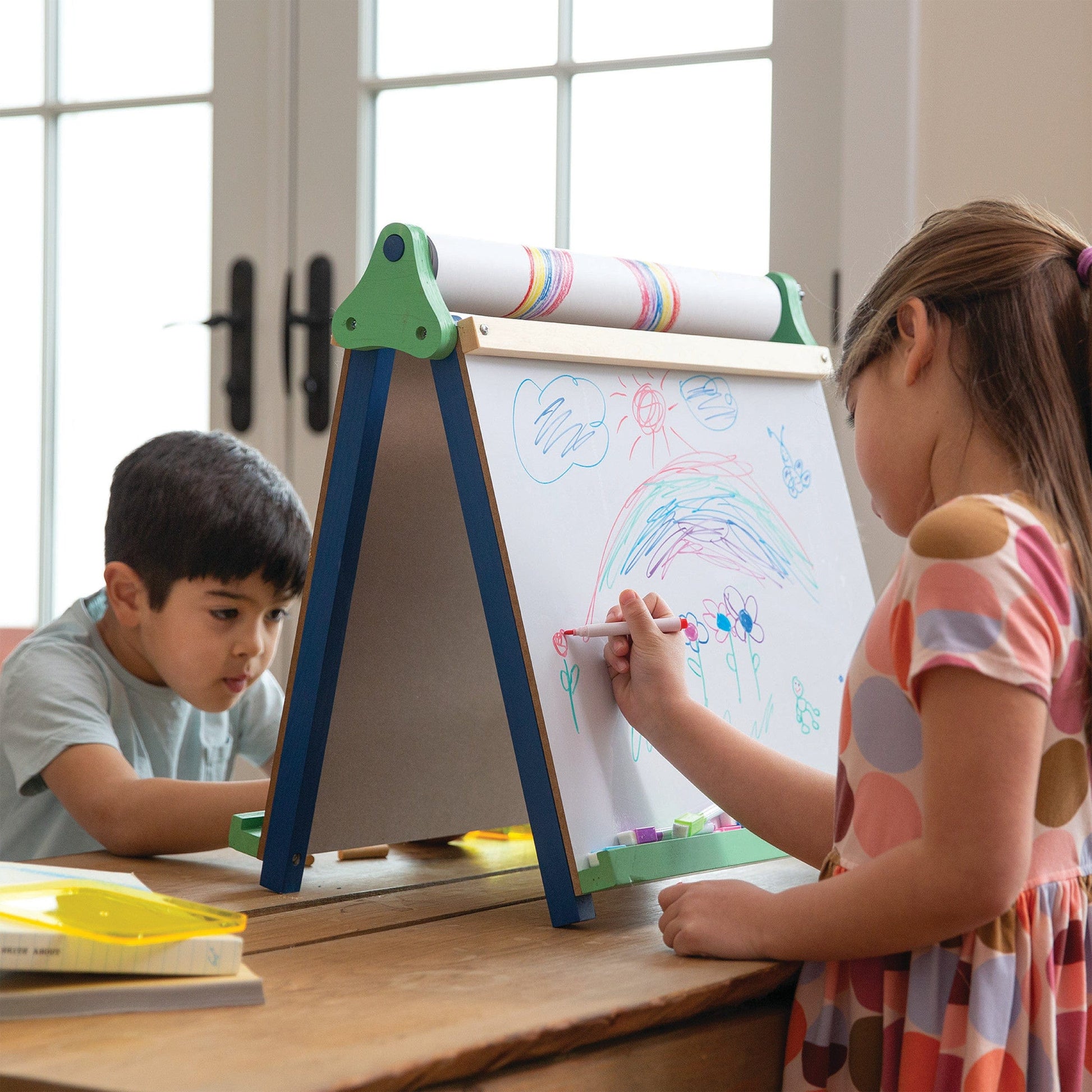3-in-1 Folding Tabletop Easel with Chalkboard, Whiteboard, and Paper Roll Holder