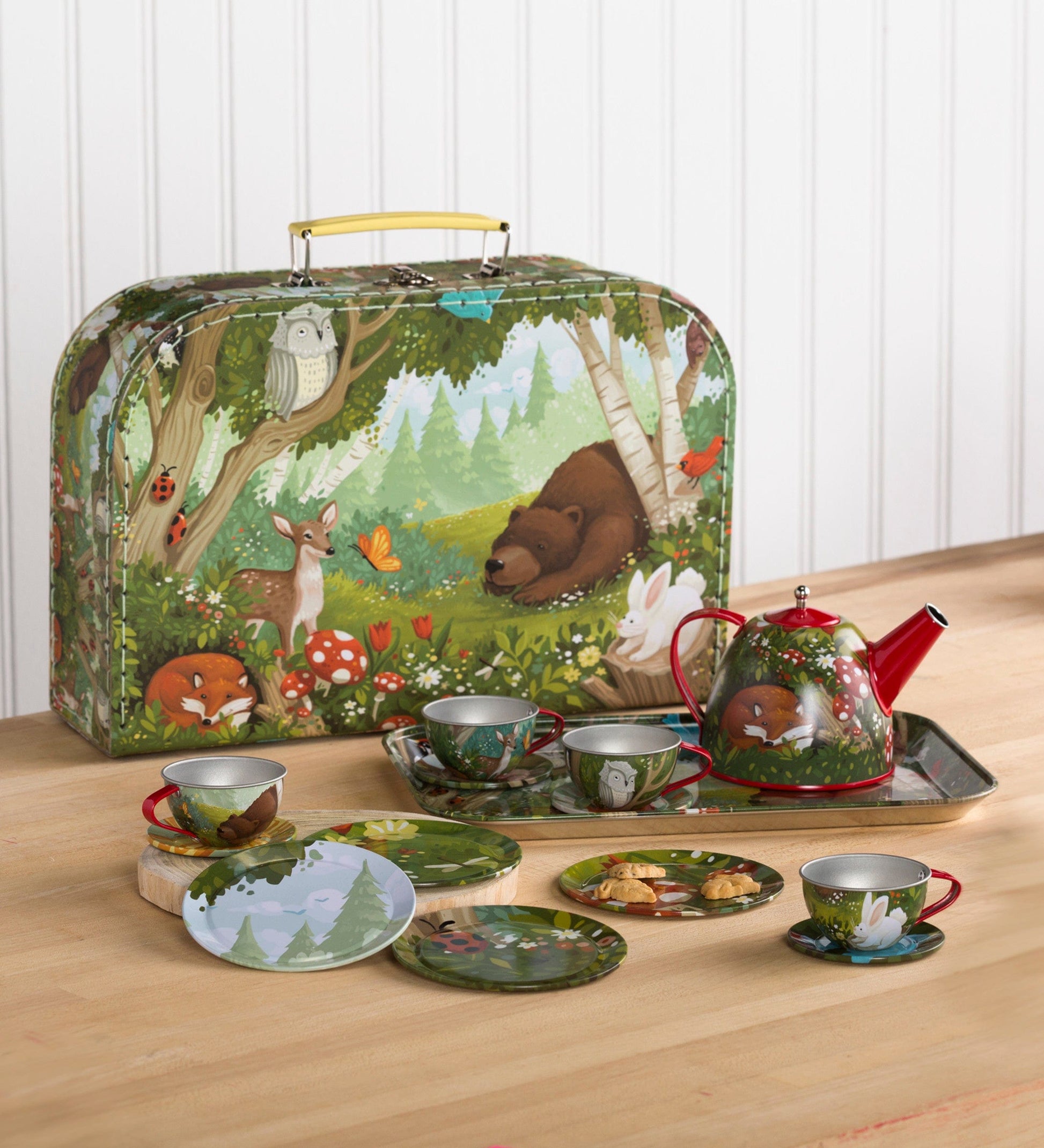 15-Piece Woodland-Themed Tin Tea Set