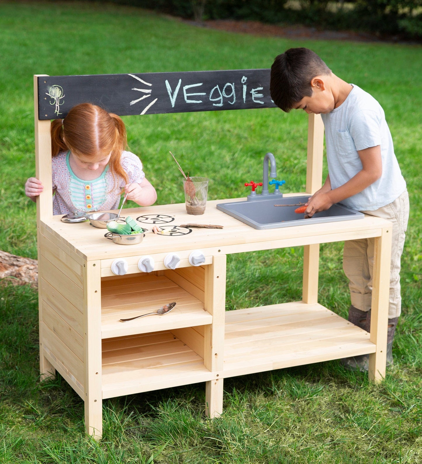 Wooden Mud Kitchen Sensory Play Station with Metal Accessories