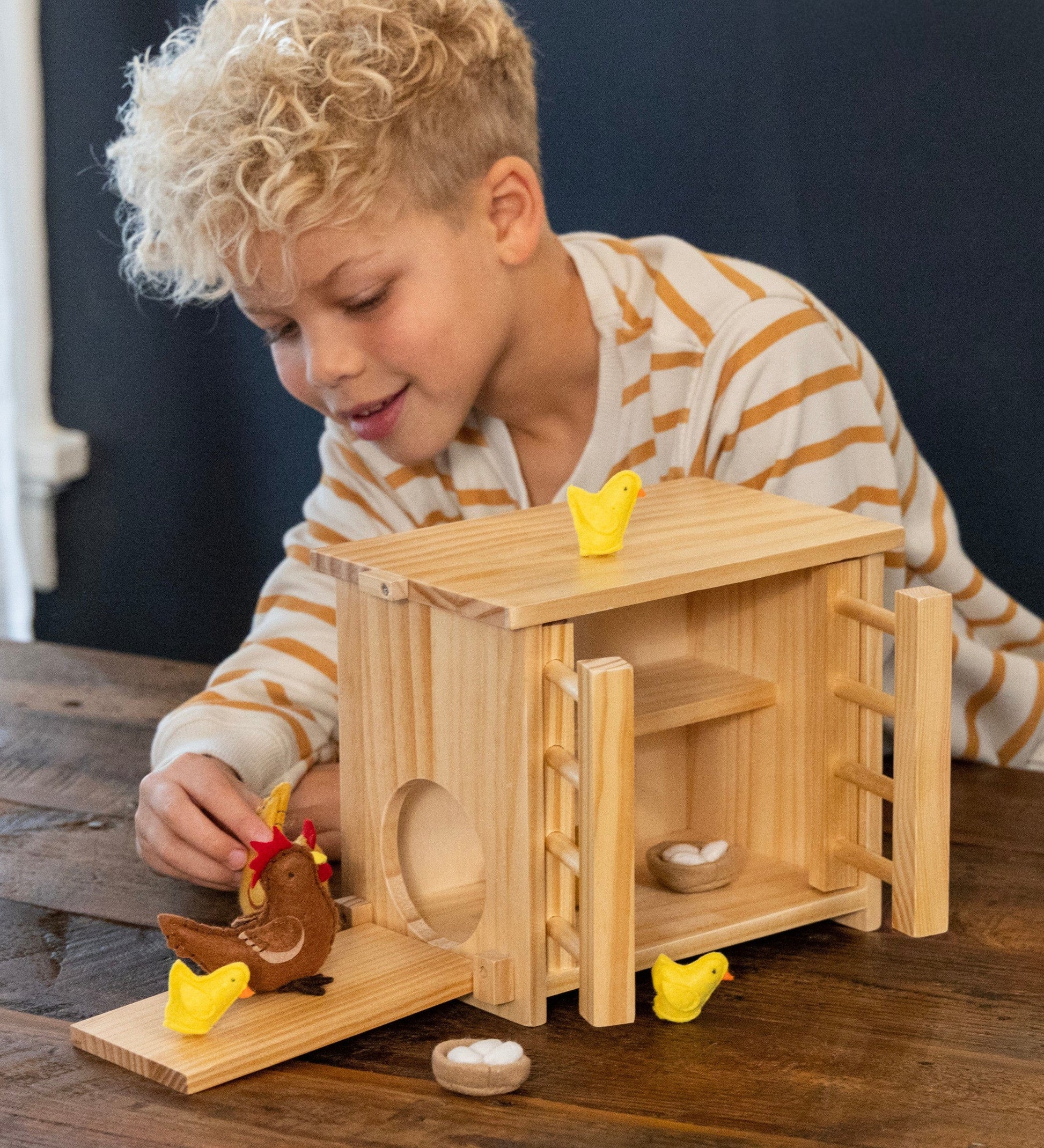 Wooden Chicken Coop and Felt Chickens Play Set