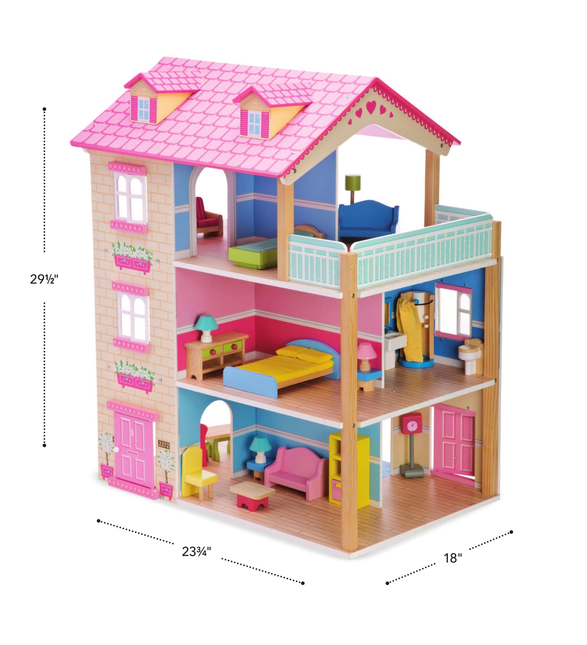 Wooden Dollhouse with Turntable and 35-Piece Furniture Set