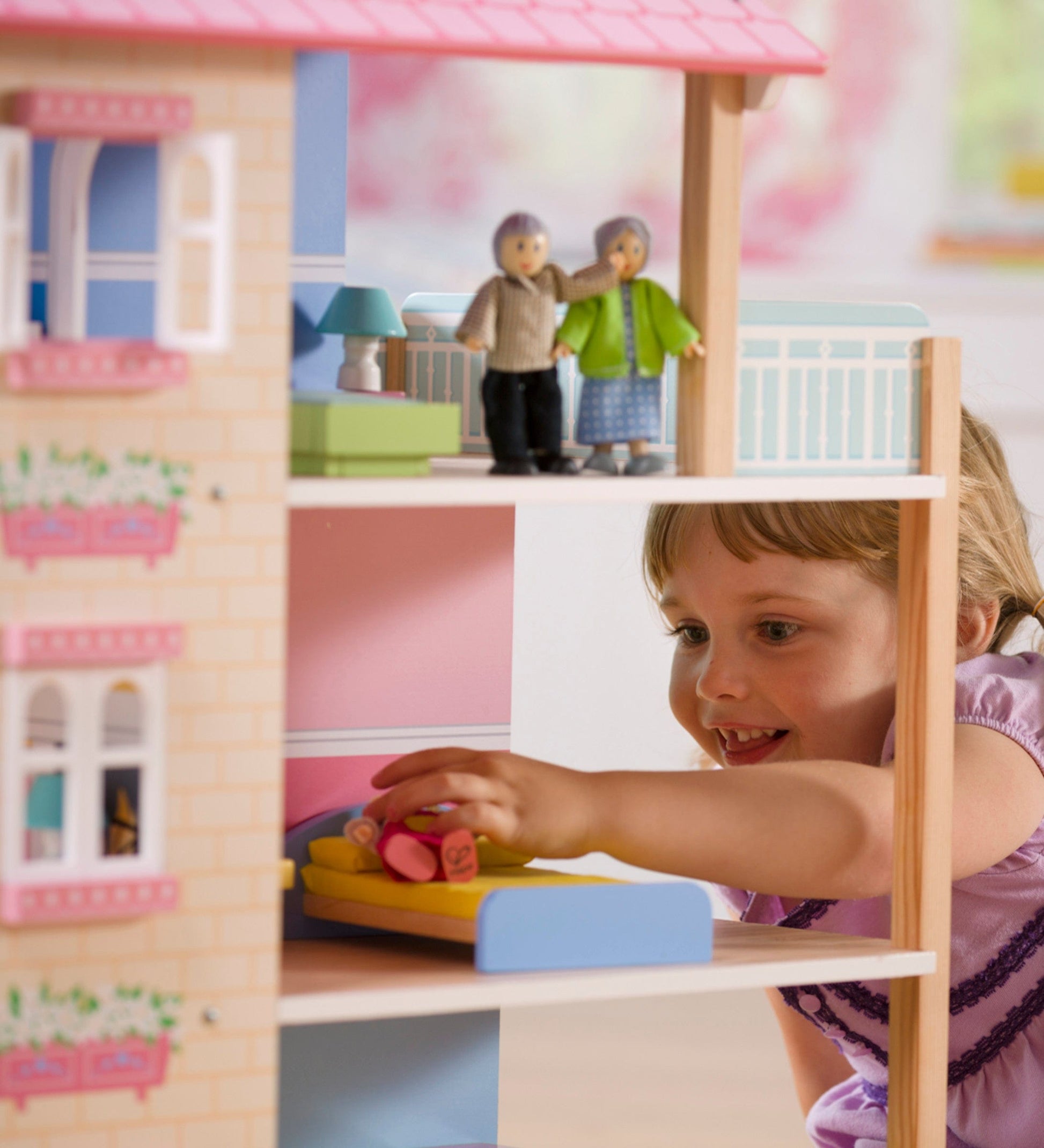 Wooden Dollhouse with Turntable and 35-Piece Furniture Set