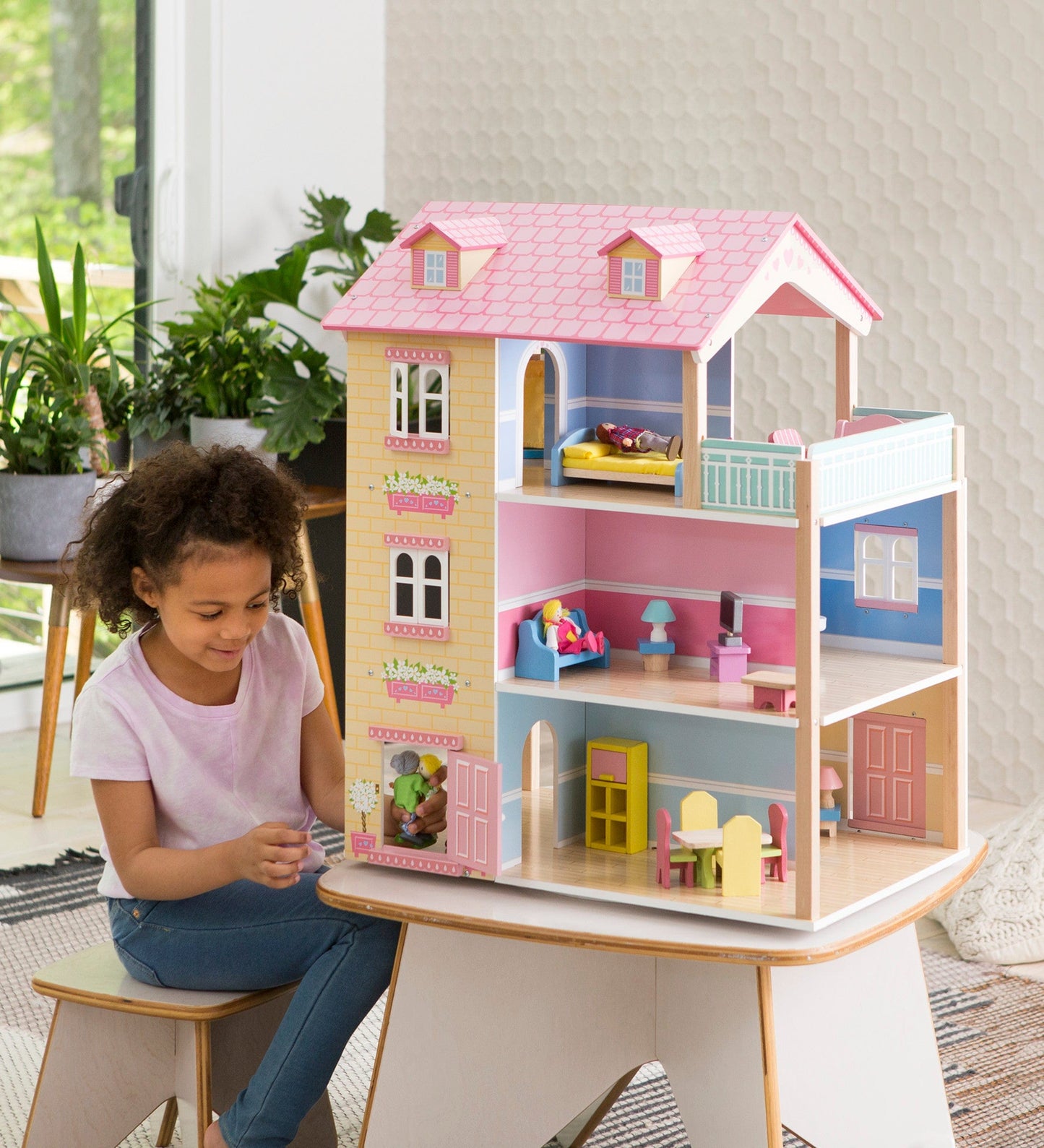 Wooden Dollhouse with Turntable and 35-Piece Furniture Set