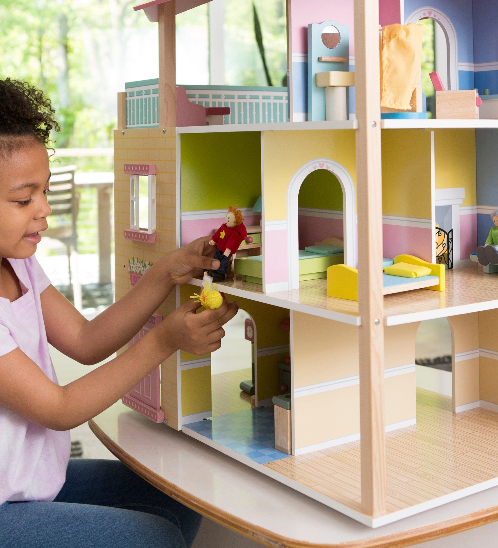 Wooden Dollhouse with Turntable and 35-Piece Furniture Set