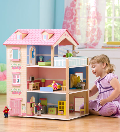 Wooden Dollhouse with Turntable and 35-Piece Furniture Set