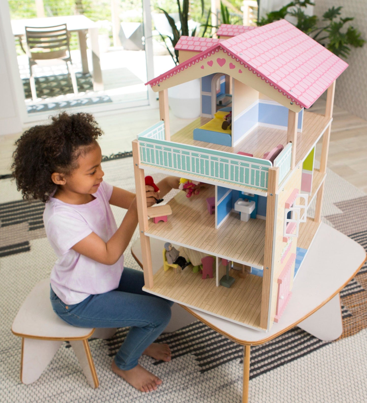 Wooden Dollhouse with Turntable and 35-Piece Furniture Set